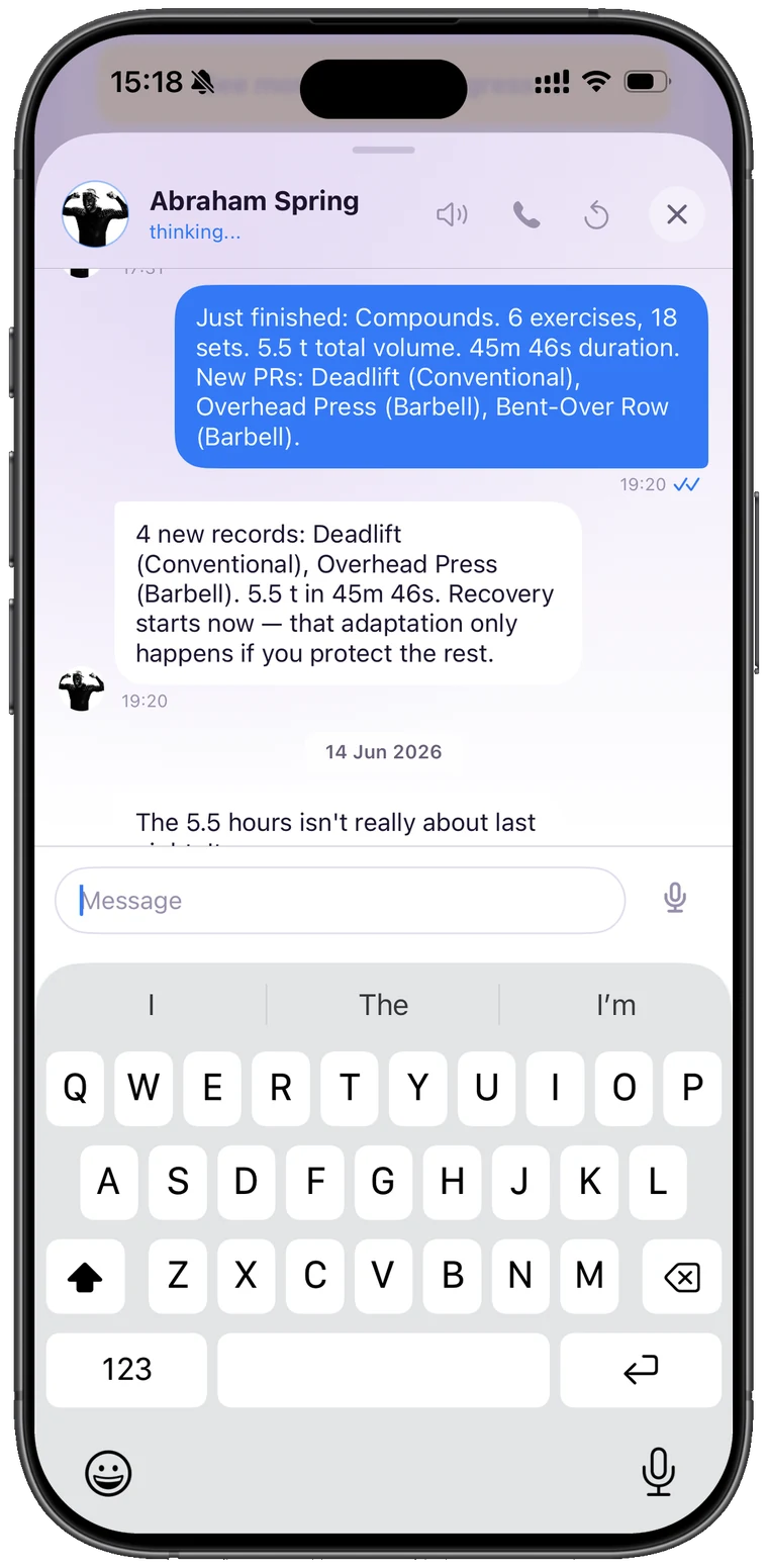 Existing Unbroken AI conversation reviewing a completed strength session