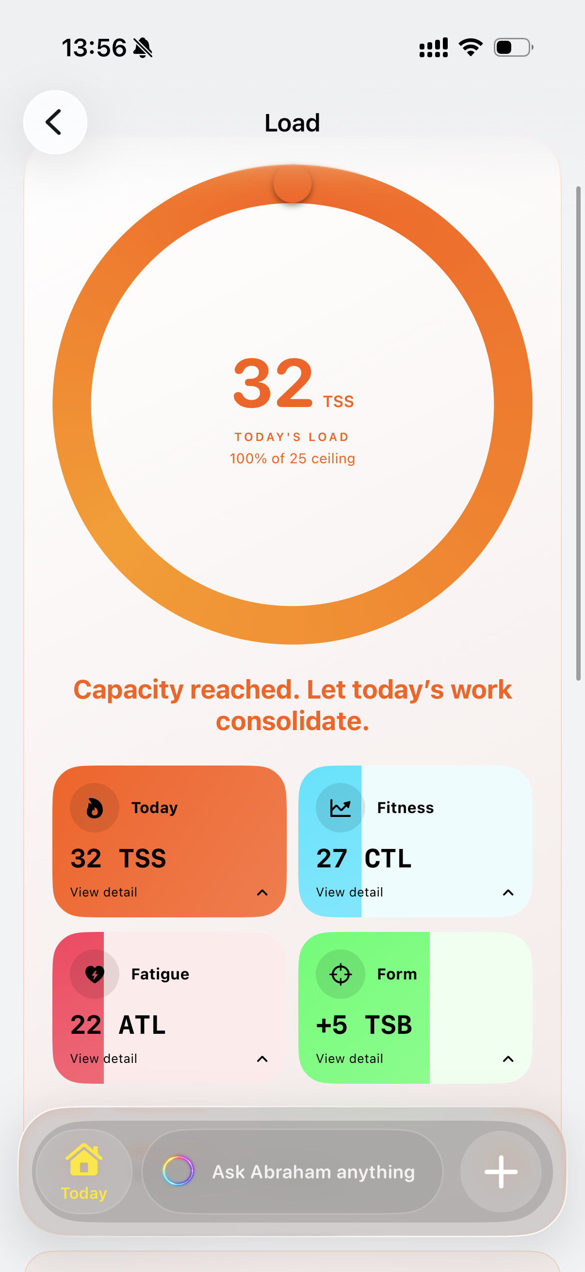 Training load app view with an orange ring and fitness, fatigue and form tiles