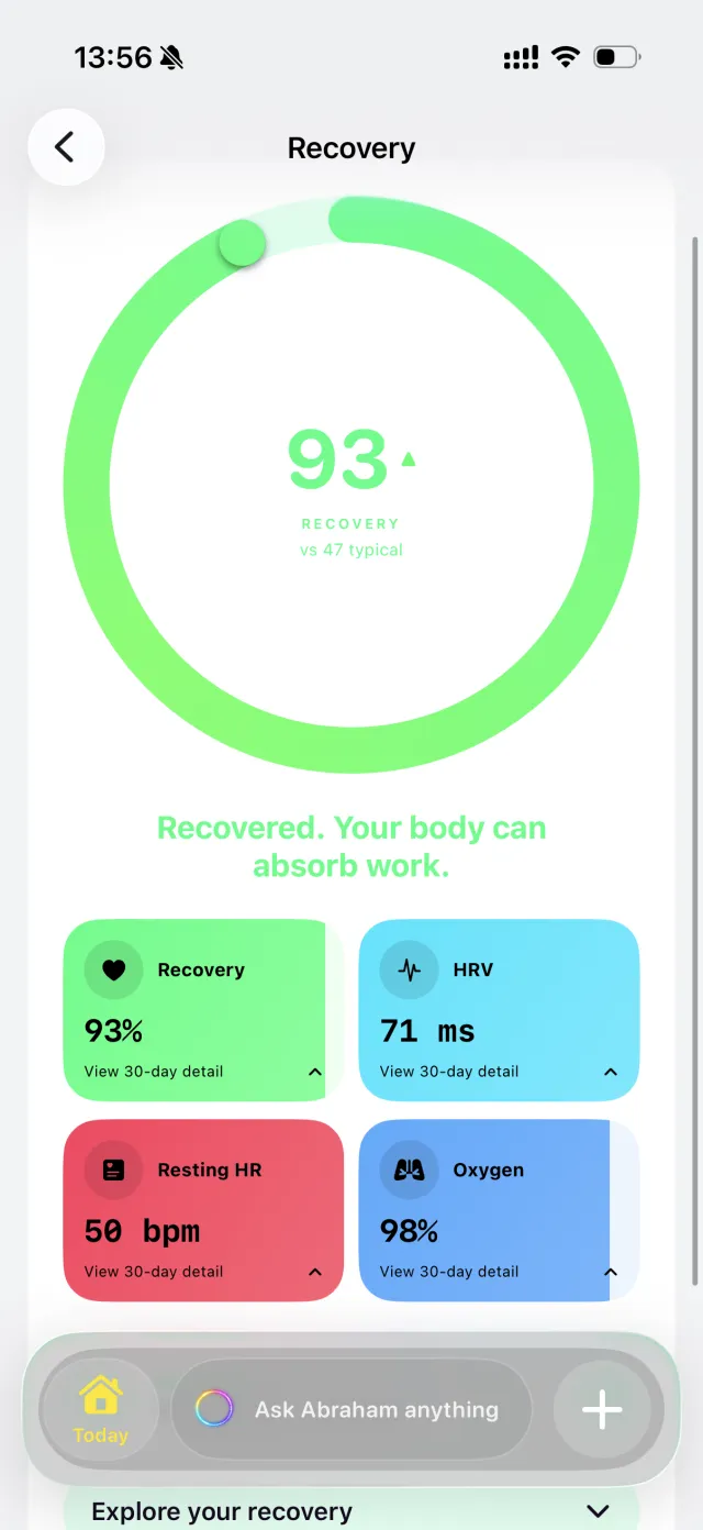 Recovery app view with a green ring, HRV, resting heart rate and oxygen tiles