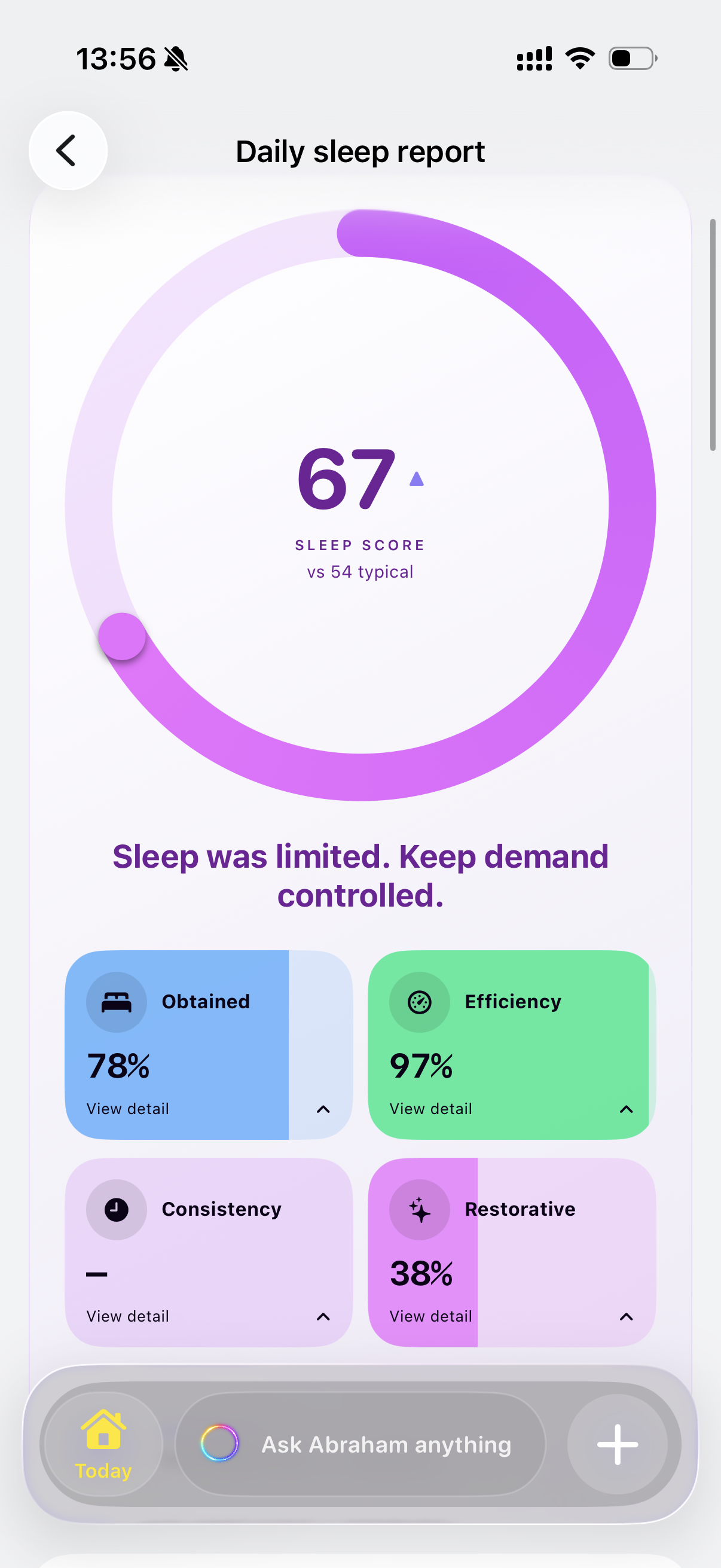 Daily sleep report with a purple ring and sleep quality tiles