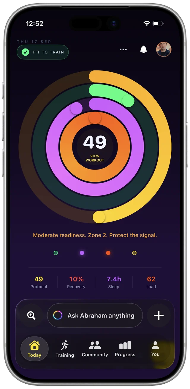 The Unbroken iPhone app Today screen: Protocol 49, recovery 10 percent, sleep 7.4 hours, load 62