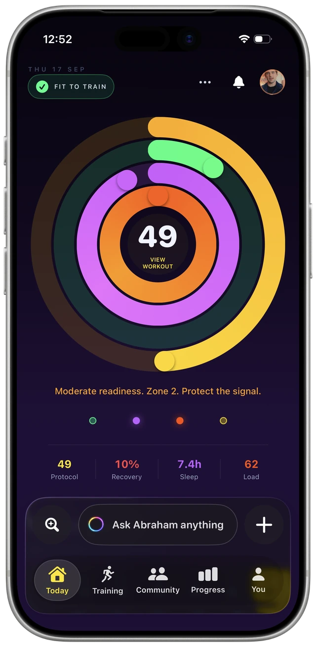The Unbroken iPhone app Today screen: Protocol 49, recovery 10 percent, sleep 7.4 hours, load 62